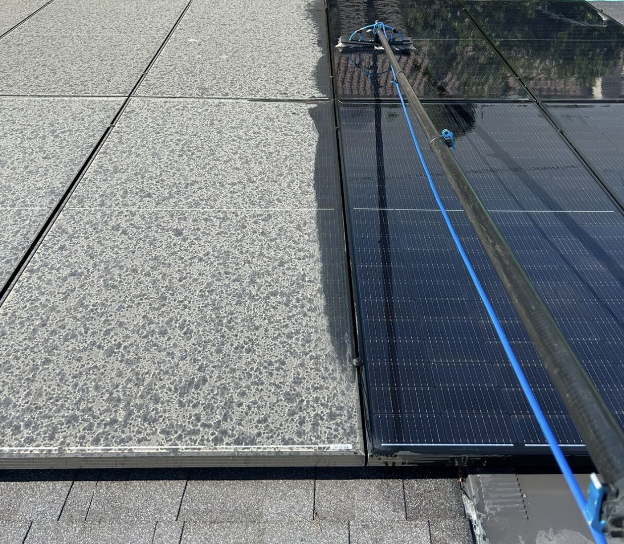 Solar panels mid-clean showing the split between dirty and clean panels