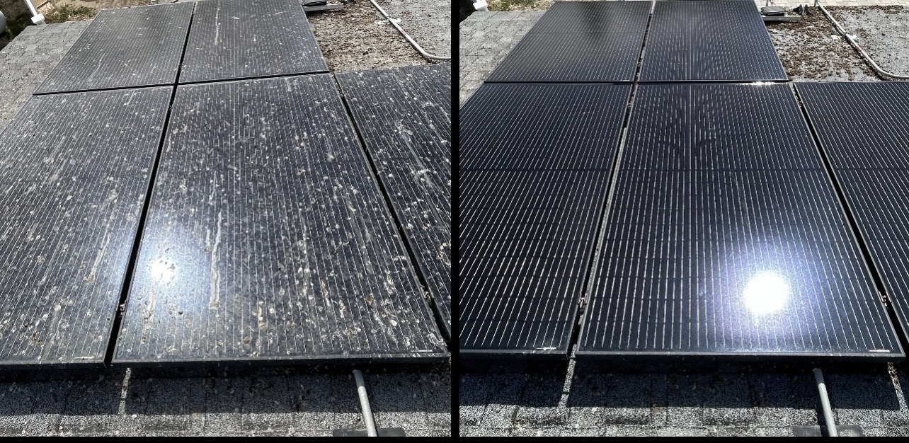 Before and after solar panel cleaning — heavy bird dropping and dust buildup removed in Hesperia